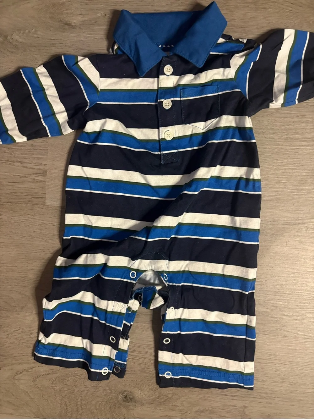 The Children's Place Navy, Royal Blue and White Striped Polo One-Piece Romper